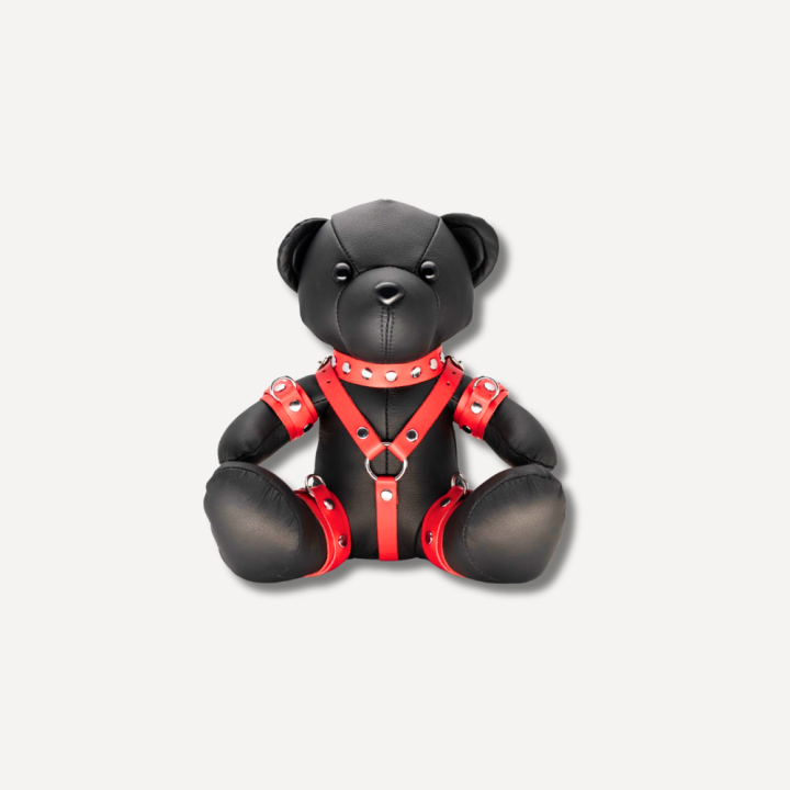 Skórzany Miś z Czerwonymi Skórzanymi Akcesoriami  Leather BDSM TEDDY Red