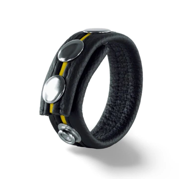 Leather Cockring 3 Pressures Black-Yellow